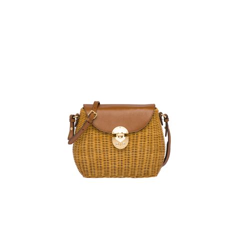 Wicker and Madras leather bucket bag Honey/brandy 